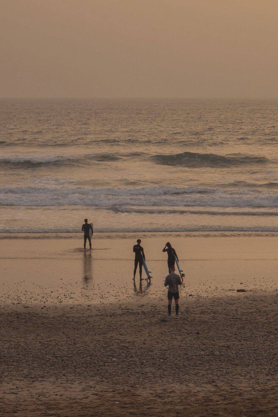 Surfers walking into the sea at golden hour